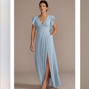 David’s bridal flutter sleeve dusty blue dress.